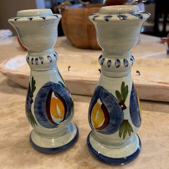 Handmade art Pottery blue candlestick candleholders x2 Puerto Rico 6-1/4” - Picture 3 of 8